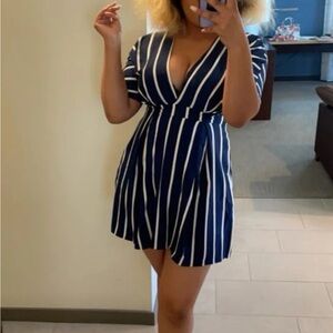 SHEIN Frenchy Striped Plunging Neck Fold Pleated Detail Dress